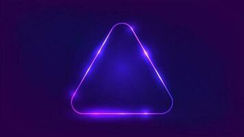 Neon rounded triangle frame with shining effects on dark background. Empty glowing techno backdrop. Vector illustration.