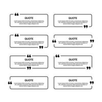 Set of eight black rounded rectangular quote box frames isolated on white background. Vector illustration