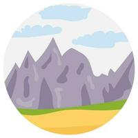 Natural cartoon landscape in circle. Vector illustration in the flat style with mountains, blue sky, clouds and hills.