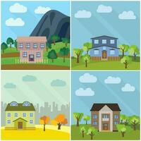 Set of four lonely houses in the nature. Vector illustration.