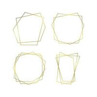 Set of four gold geometric polygonal frames with shining effects isolated on white background. Empty glowing art deco backdrop. Vector illustration.