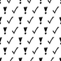 Seamless pattern with hand drawn check and exclamation mark symbols. Black sketch check symbol on white background. Vector illustration