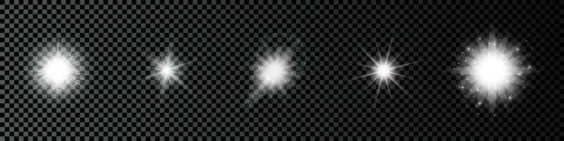 Light effect of lens flares. Set of five white glowing lights starburst effects with sparkles vector