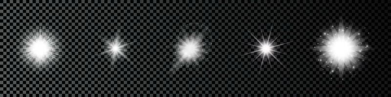 Light effect of lens flares. Set of five white glowing lights starburst effects with sparkles