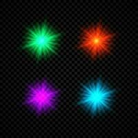 Light effect of lens flares. Set of four green, red, purple and blue glowing lights starburst effects with sparkles on a dark vector