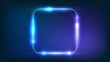 Neon rounded square frame with shining effects on dark background. Empty glowing techno backdrop. Vector illustration.