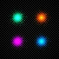 Light effect of lens flares. Set of four green, orange, purple and blue glowing lights starburst effects with sparkles vector