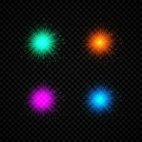 Light effect of lens flares. Set of four green, orange, purple and blue glowing lights starburst effects with sparkles vector