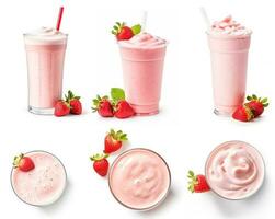 Set of strawberry milkshakes top view and side view isolated on white background photo