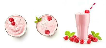 Set of raspberry milkshakes top view and side view isolated on white background photo