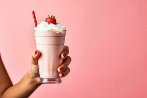 Strawberry milkshake in female hand on a pink background photo