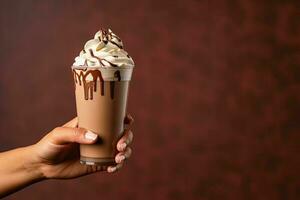 Closeup of female hand holding glass of chocolate milkshake with whipped cream on pink background photo