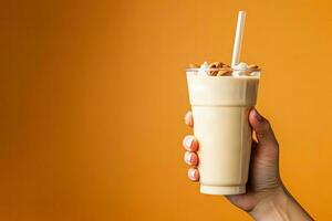 Female hand holding a milkshake with almonds on a yellow background photo