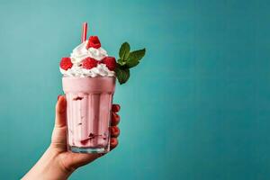 Raspberry milkshake with whipped cream in female hand on blue background photo