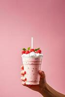 Hand holding milkshake with whipped cream and hand holding milkshake with whipped cream and raspberries on pink background on pink background photo
