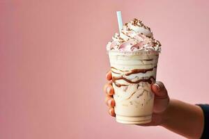 Closeup of female hand holding glass of chocolate milkshake with whipped cream on pink background photo