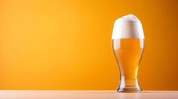 Beer with bubble froth in glass for background on front view wave curve shape background with empty space for text photo