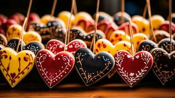 Traditional gingerbread heart cookies from Oktoberfest with German phrases photo