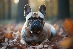 French bulldog autumn. Generate Ai photo