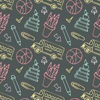 Back to school seamless pattern.Seamless pattern with objects and school supplies isolated on dark gray background. vector