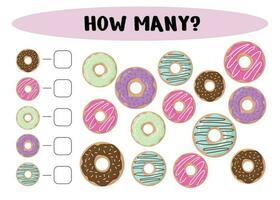 Counting game for children. Educational mathematical game. How many  donuts are there - count the number vector
