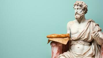 Art sculpture of ancient Italian from marble with a baguette isolated on a pastel background with a copy space photo