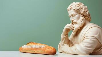 Art sculpture of ancient Italian from marble with a baguette isolated on a pastel background with a copy space photo