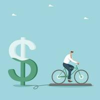 Hard work for income and salary growth, increase in investment portfolio and savings, ways and methods to increase business profitability, profitable investment, man on exercise bike charges a dollar. vector