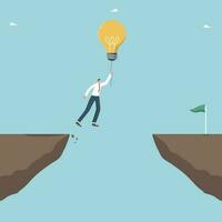 Brilliant idea or innovations to overcome economic crisis, creative method for solving business problems, logic or intelligence to achieve goals, strategic planning, man flies on light bulb over cliff vector