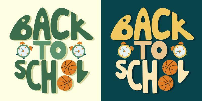 Handwritten inscription back to school in the shape of a circle. Colorful cartoon vector design. Illustration for any purpose. Positive motivational or inspirational quote. Groovy vintage lettering.