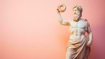 Art sculpture of ancient Italian from marble with a donut isolated on a pastel background with a copy space photo