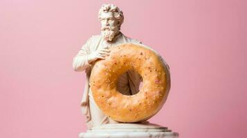 Art sculpture of ancient Italian from marble with a donut isolated on a pastel background with a copy space photo