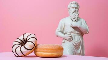 Art sculpture of ancient Italian from marble with a donut isolated on a pastel background with a copy space photo