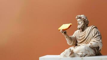 Art sculpture of ancient Italian from marble with a cheese isolated on a pastel background with a copy space photo