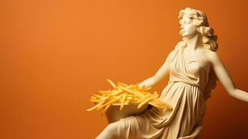 Art sculpture of ancient Italian from marble with French fries isolated on pastel background with a copy space photo