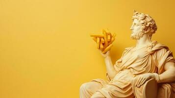 Art sculpture of ancient Italian from marble with French fries isolated on pastel background with a copy space photo