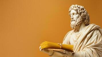 Art sculpture of ancient Italian from marble with pasta isolated on pastel background with a copy space photo