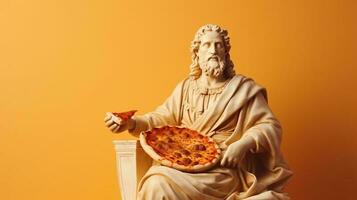 Art sculpture of ancient Italian from marble with pizza isolated on a pastel background with a copy space photo