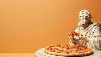 Art sculpture of ancient Italian from marble with pizza isolated on a pastel background with a copy space photo