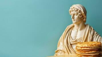 Art sculpture of ancient Italian from marble with a pancake isolated on a pastel background with a copy space photo