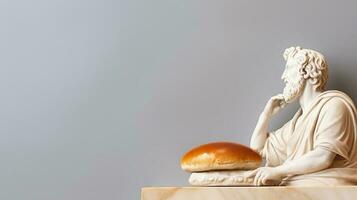 Art sculpture of ancient Italian from marble with a bun isolated on a pastel background with a copy space photo