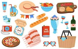 Set of picnic elements. Hand drawn picnic basket, drinks, blanket, camera, snacks, book, sun protect and more isolated on white background. vector