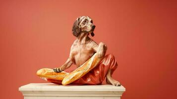 Art sculpture of ancient Italian from marble with a hotdog isolated on a pastel background with a copy space photo