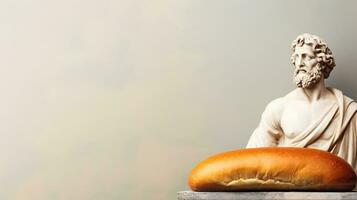 Art sculpture of ancient Italian from marble with a bun isolated on a pastel background with a copy space photo