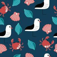 Handdrawn sea life pattern with crabs, seagulls and seashells. Colourful vector seamless design.