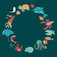 Colourful handdrawn sea animals turtle, fish, crab, lobster, starfish, seagull, jellyfish in a round shape. Vector illustration isolated on dark background.