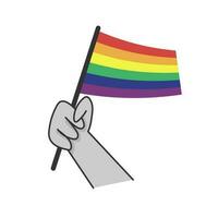 Hand holding lgbt rainbow flag. Cartoon arm doodle holding Pride symbol. Gender diversity representation. vector