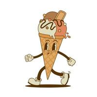 Retro cartoon Ice cream cone character in groove style. Vector illustration. Vintage sweet frozen food mascot. Nostalgia 70s, 80s