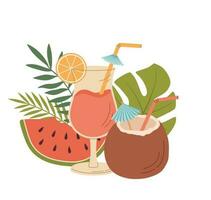 Coconut cocktail, juice glass and watermelon with tropical leaves vector illustration. Cartoon summer drink and fruits on white background Healthy cold vegan beverage