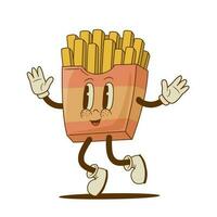 Retro cartoon happy french fries character. Vintage street food potato mascot vector illustration. Nostalgia